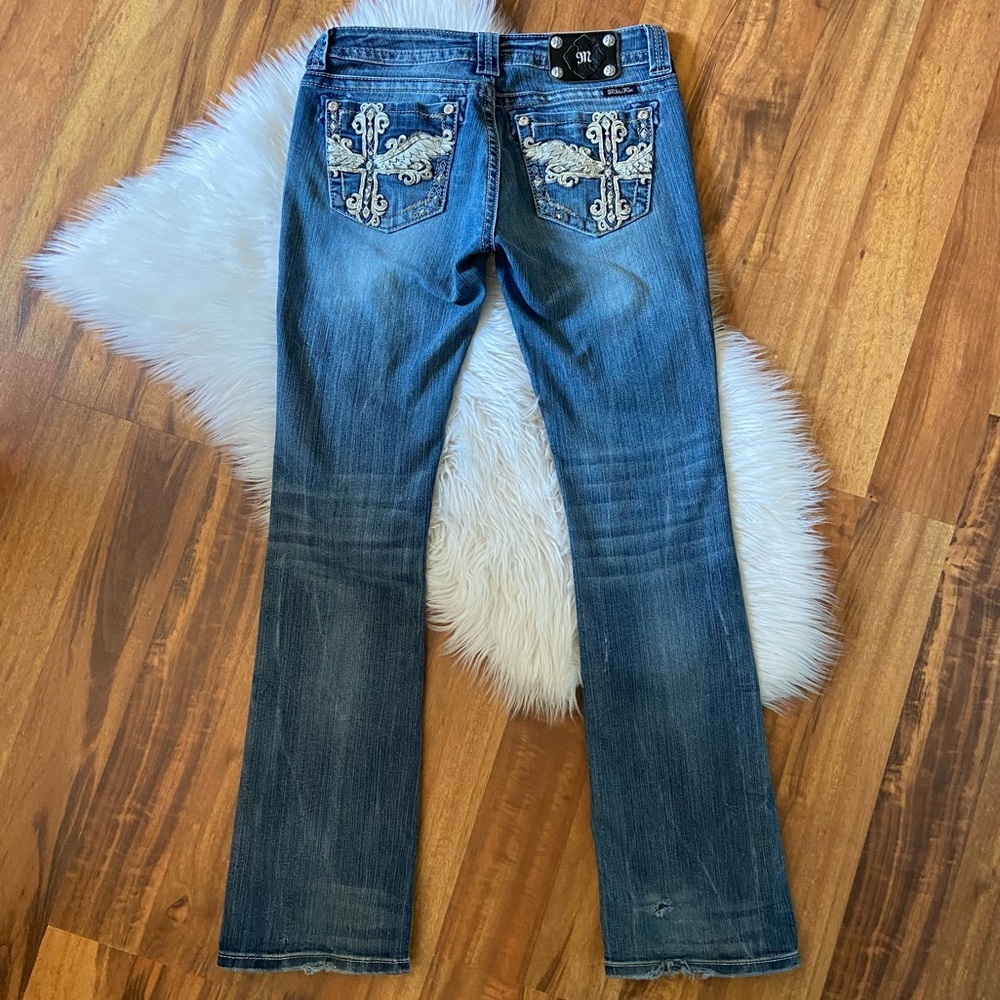 Y2k Miss Me Embellished Angel Wings Cross Pockets Low Rise Boot Cut Jeans